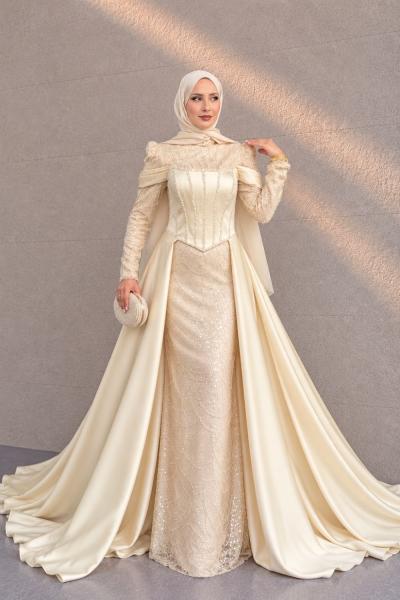 Meral Tesettür Abiye Krem