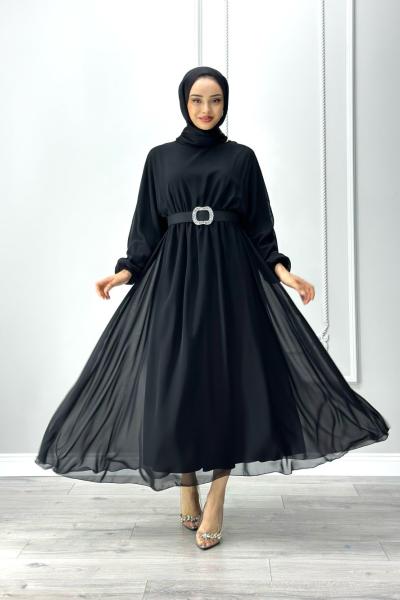 Betül Şifon Elbise Tesettür Siyah