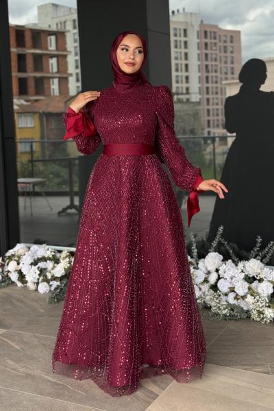 Elena Tesettür Abiye Bordo