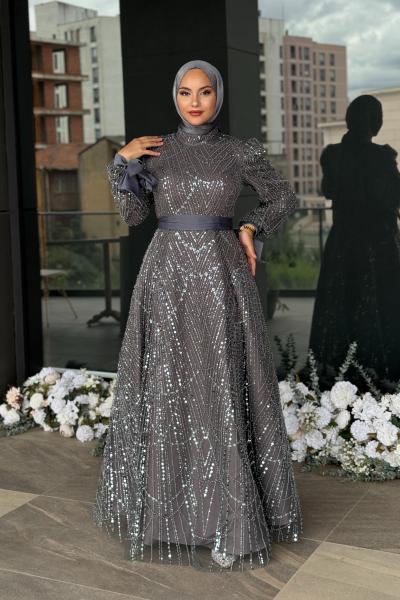 Elena Tesettür Abiye Gri