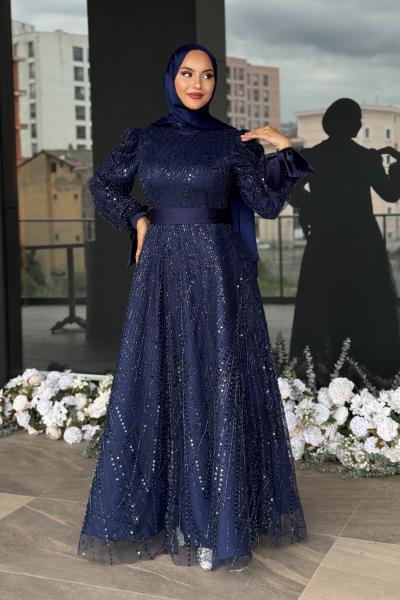 Elena Tesettür Abiye Lacivert
