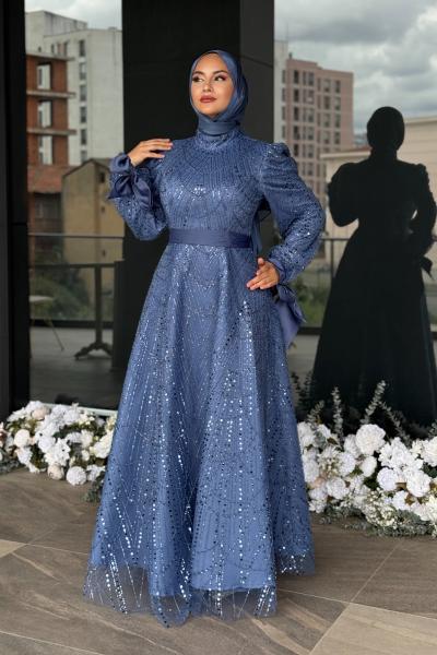 Elena Tesettür Abiye Mavi