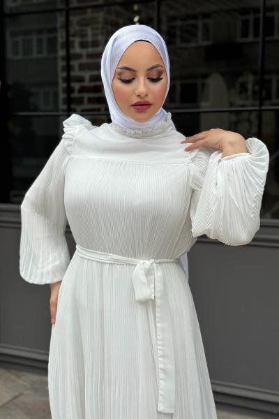 ŞEYDA ŞİFON PİLİSELİ ELBİSE Ekru