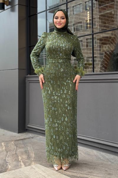 Yaprak Desen Tesettür abiye Haki